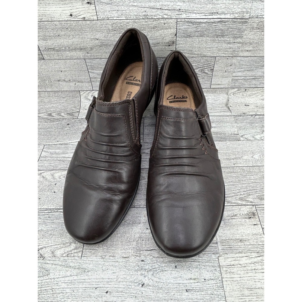 Clarks Collection Brown Leather Ruched Slip‎ On Loafers Cushion Soft Women Sz 8W